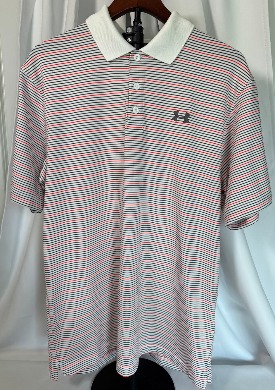 Under Armour HeatGear Golf Polo Men’s Large Gray Orange White Striped 1279035